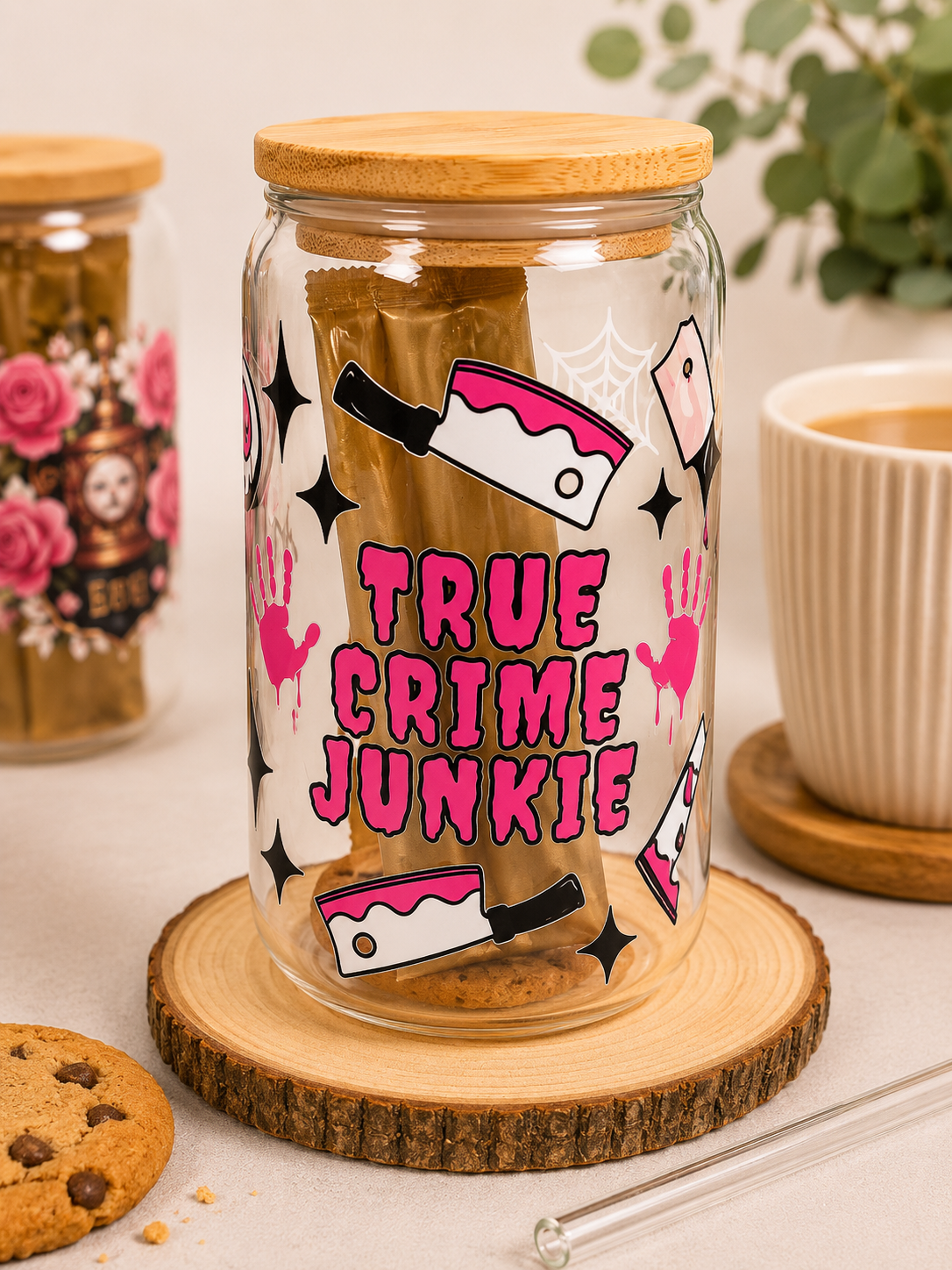 πͺ Pink True Crime Junkie Glass Gift Tumbler with Hot Drink & Biscuit πͺ
