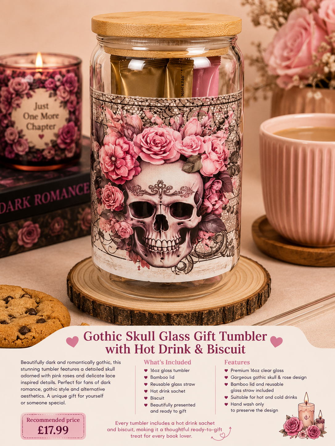 ๐ธ Pink Gothic Skull Glass Gift Tumbler with Hot Drink & Biscuit ๐ธ