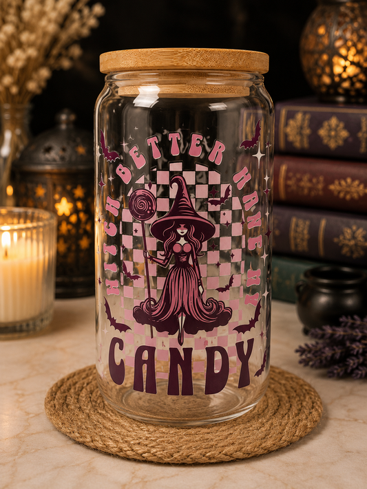 🩷🧙‍♀️ "Hotter Than Candy" Witch Glass Coffee Can 🍭✨