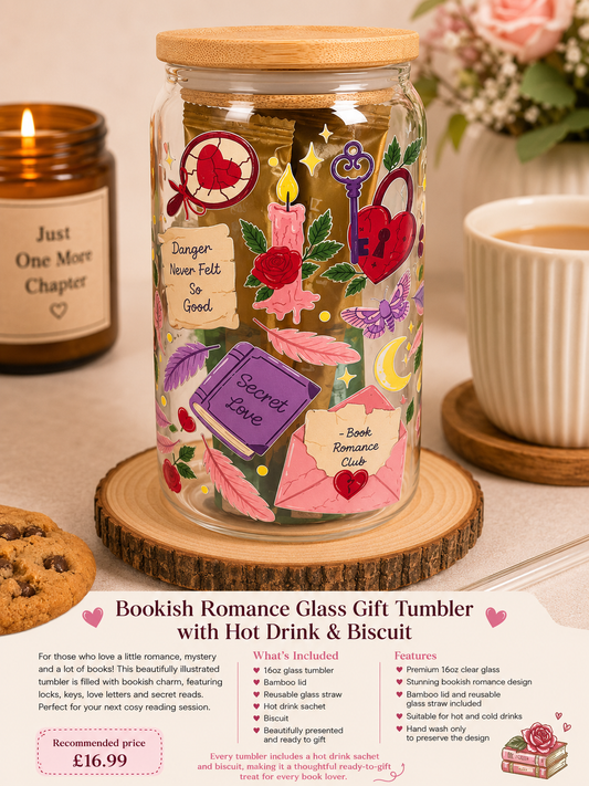 💕 Bookish Romance Glass Gift Tumbler with Hot Drink & Biscuit 💕