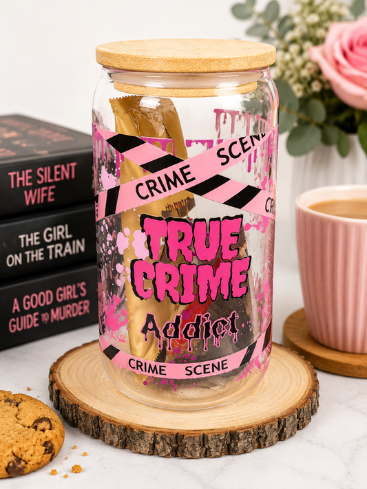 🔪 True Crime Addict Glass Gift Tumbler with Hot Drink & Biscuit