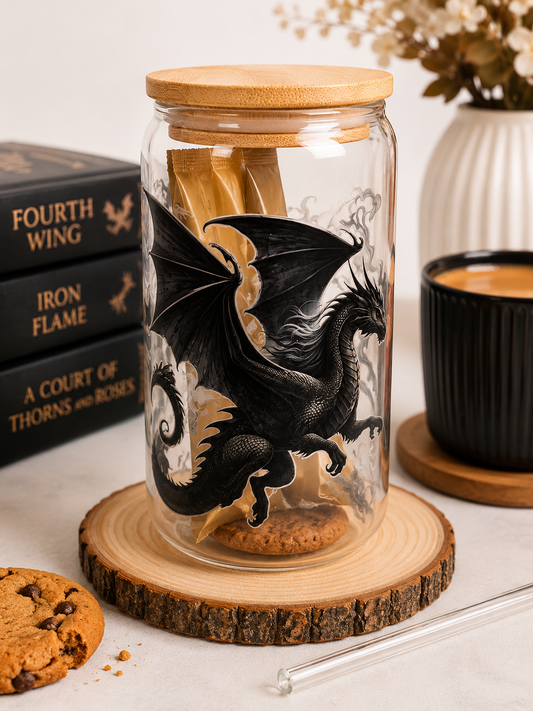 🐉 Black Dragon Glass Gift Tumbler with Hot Drink & Biscuit 🐉