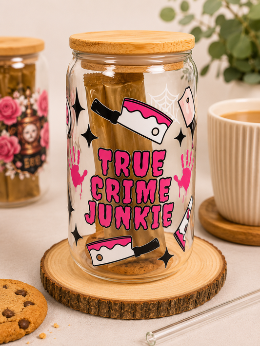 🔪 Pink True Crime Junkie Glass Gift Tumbler with Hot Drink & Biscuit 🔪