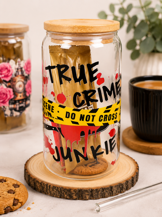 🩸 True Crime Junkie Glass Gift Tumbler with Hot Drink & Biscuit 🩸