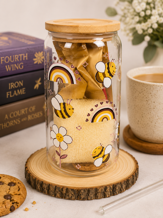 🐝 Bee Happy Glass Gift Tumbler with Hot Drink & Biscuit 🐝