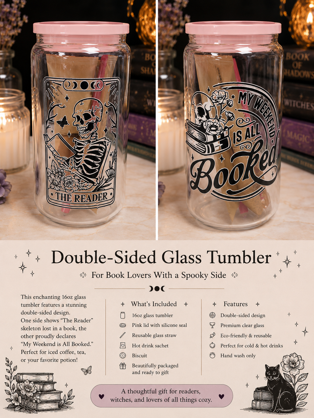 📚💀 My Weekend Is All Booked Glass Can – Double Sided 💀📚