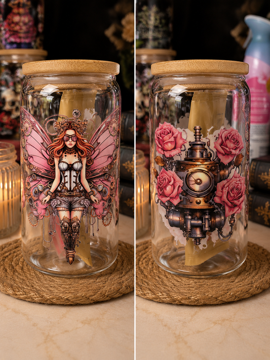 🩷 Steampunk Pup Glass Can with Bamboo Lid 🐶⚙️🌹