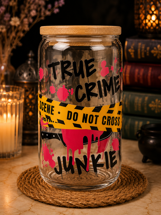 True Crime Junkie Glass Can with Bamboo Lid