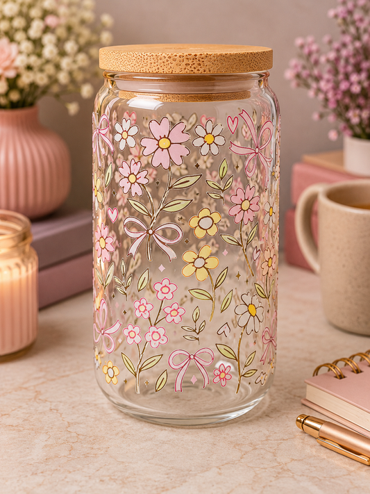 🌸🌼 Floral Glass Can with Bamboo Lid – 16oz | Cottagecore Wildflower Design 🌼🌸