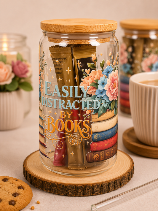 📚 Easily Distracted by Books Glass Gift Tumbler with Hot Drink & Biscuit 📚