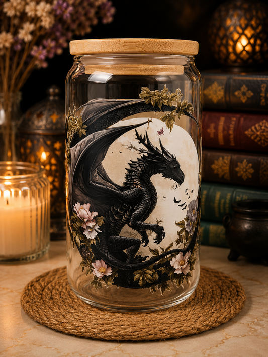 🐉🌙 Dragon Glass Can with Bamboo Lid 🌙🐉