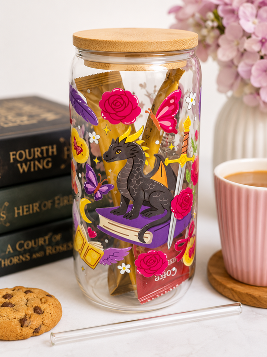 🐉 Book Dragon Glass Gift Tumbler with Hot Drink & Biscuit
