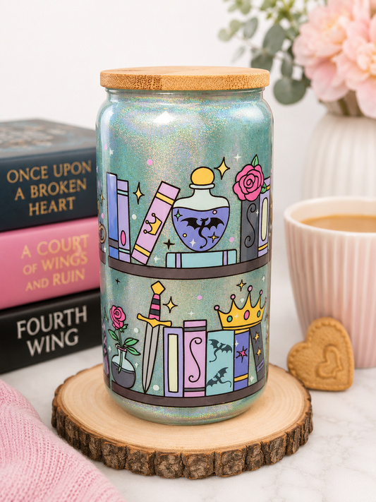 ✨ Enchanted Bookshelf Glass Gift Tumbler with Hot Drink & Biscuit ✨