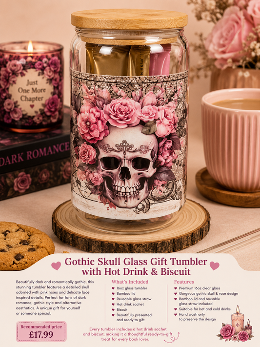 🌸 Pink Gothic Skull Glass Gift Tumbler with Hot Drink & Biscuit 🌸