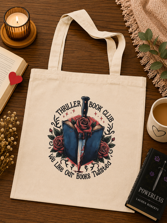 🔪📚 Thriller Book Club Cotton Tote Bag – We Like Our Books Twisted 📚🔪
For readers who