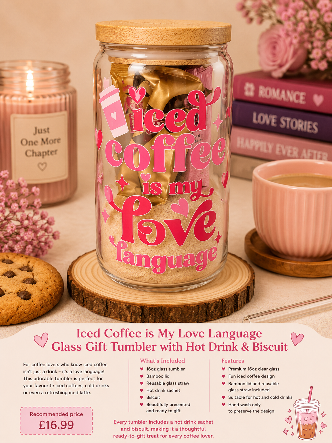 🩷 Iced Coffee Is My Love Language Glass Gift Tumbler with Hot Drink & Biscuit 🩷