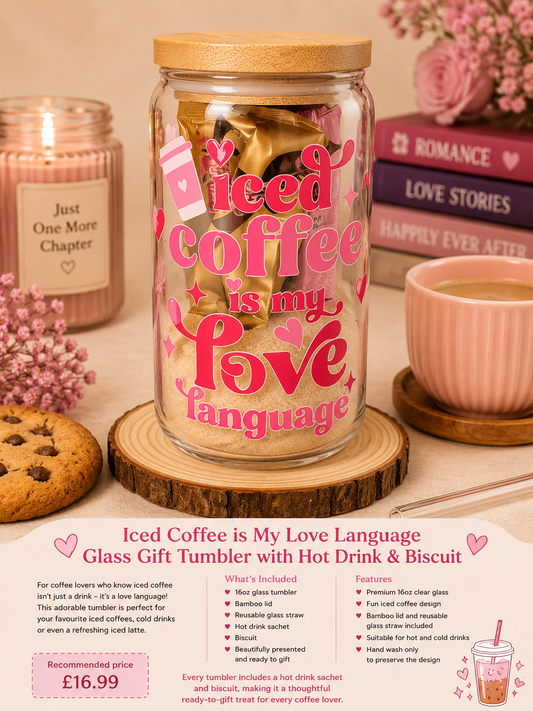 🩷 Iced Coffee Is My Love Language Glass Gift Tumbler with Hot Drink & Biscuit 🩷