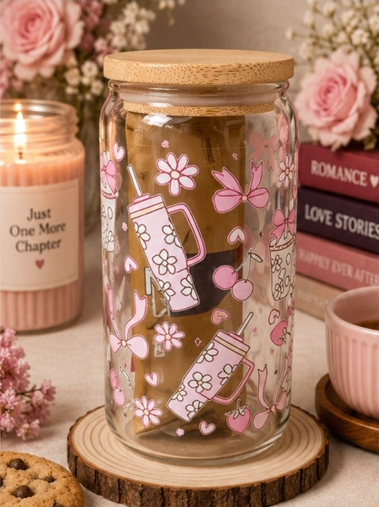 🌸 Pink Floral Glass Tumbler Gift Set with Hot Drink & Biscuit 🌸