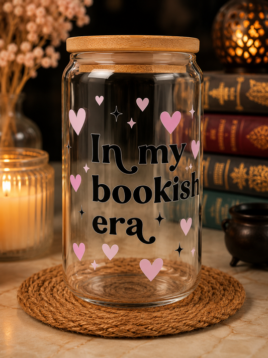 📚💕 "In My Bookish Era" Glass Can with Bamboo Lid 💕