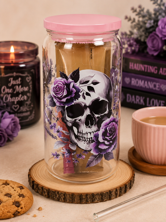 💜 Gothic Skull Glass Gift Tumbler with Hot Drink & Biscuit 💜