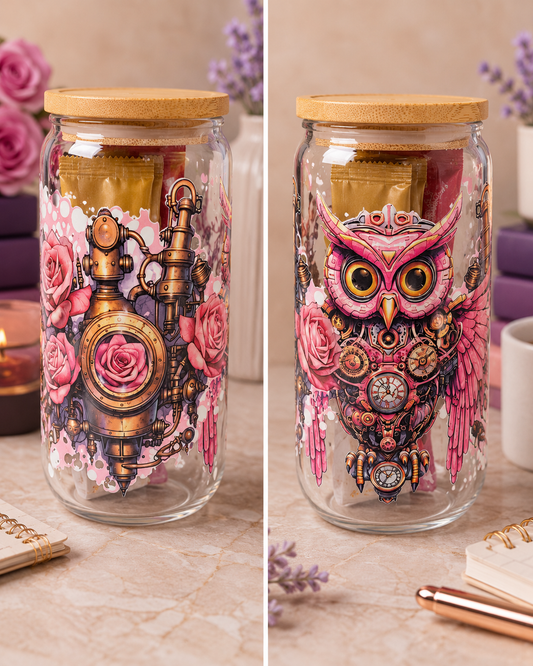🦉⚙️ Steampunk Owl Glass Can with Bamboo Lid – Double-Sided Design | 16oz