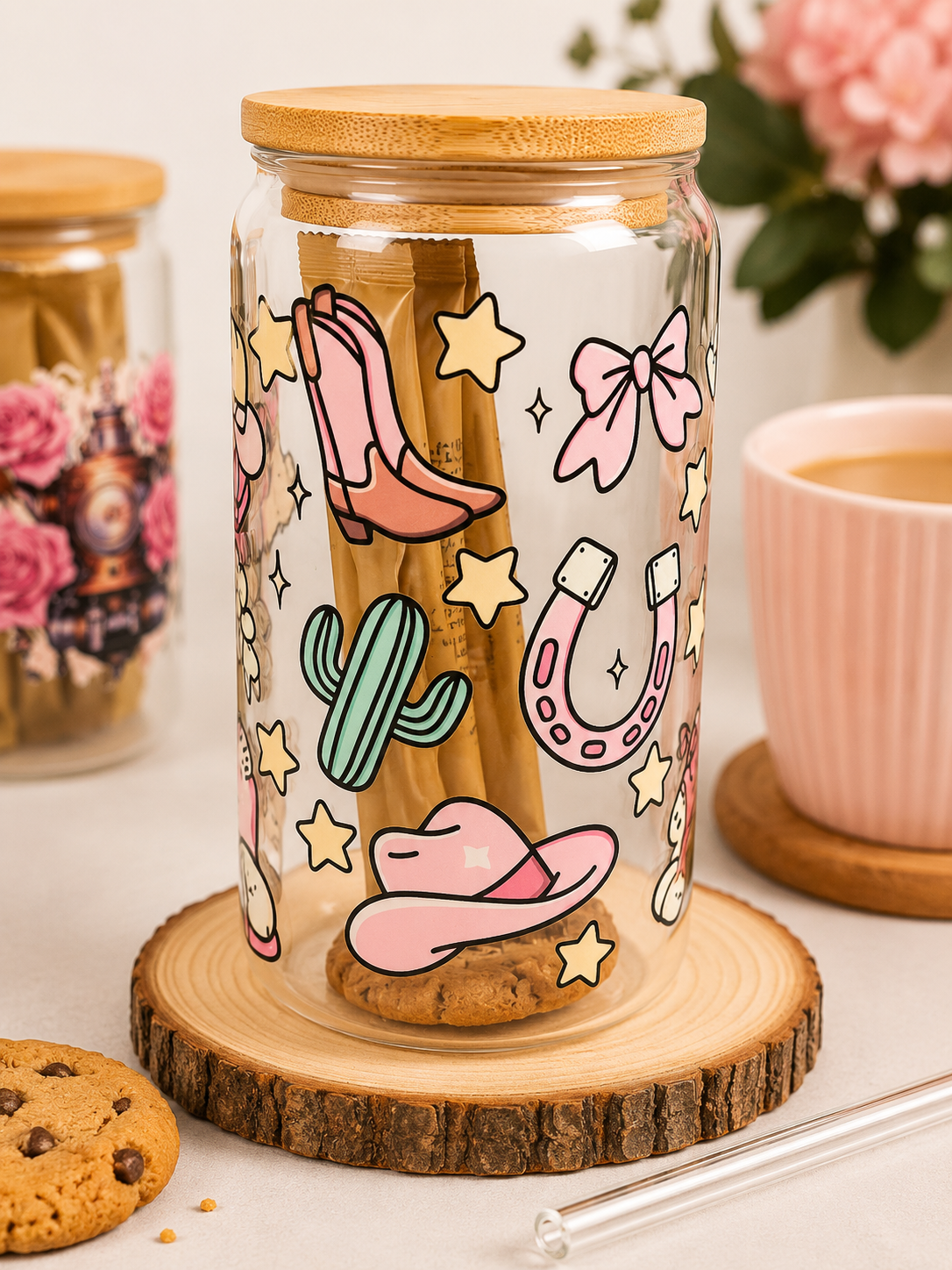 🤠 Pink Cowgirl Glass Gift Tumbler with Hot Drink & Biscuit 🤠