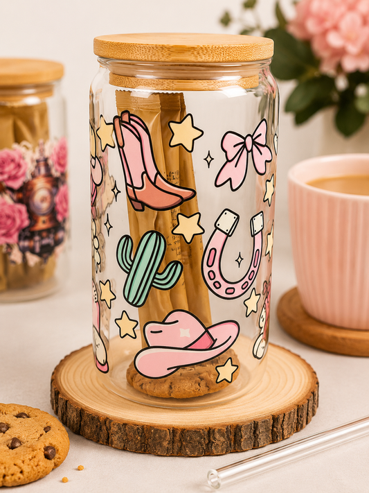 🤠 Pink Cowgirl Glass Gift Tumbler with Hot Drink & Biscuit 🤠