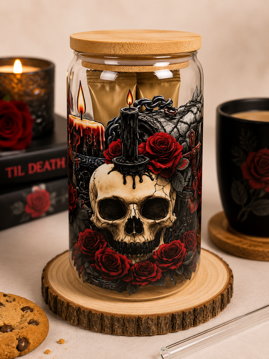 🖤 Gothic Skull Glass Gift Tumbler with Hot Drink & Biscuit 🖤