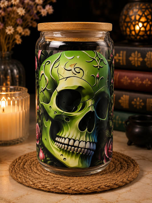 💀🌿 Gothic Green Skull Glass Can with Bamboo Lid 🌿💀