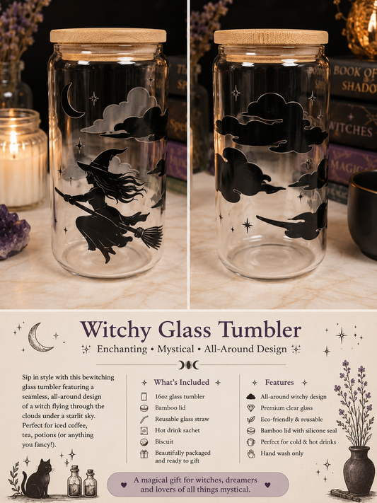 🧙‍♀️🌙 Witchy Glass Can with Bamboo Lid  | 16oz 🌙🧙‍♀️